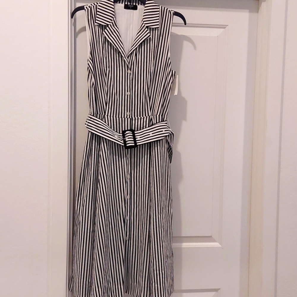 Tahari Sleeveless Collared Belted Black and White Stripe Dress